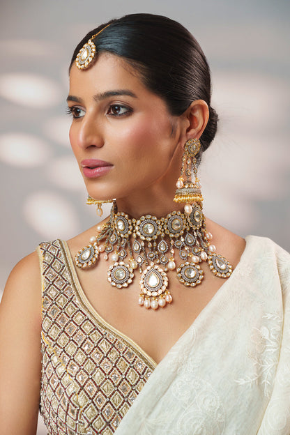 Savaani Rhodium Polish Polki Kundan Bridal Set