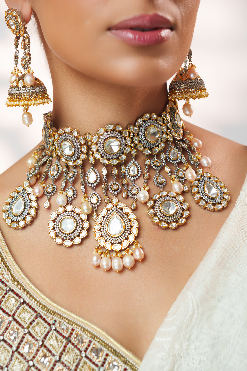 Savaani Rhodium Polish Polki Kundan Bridal Set