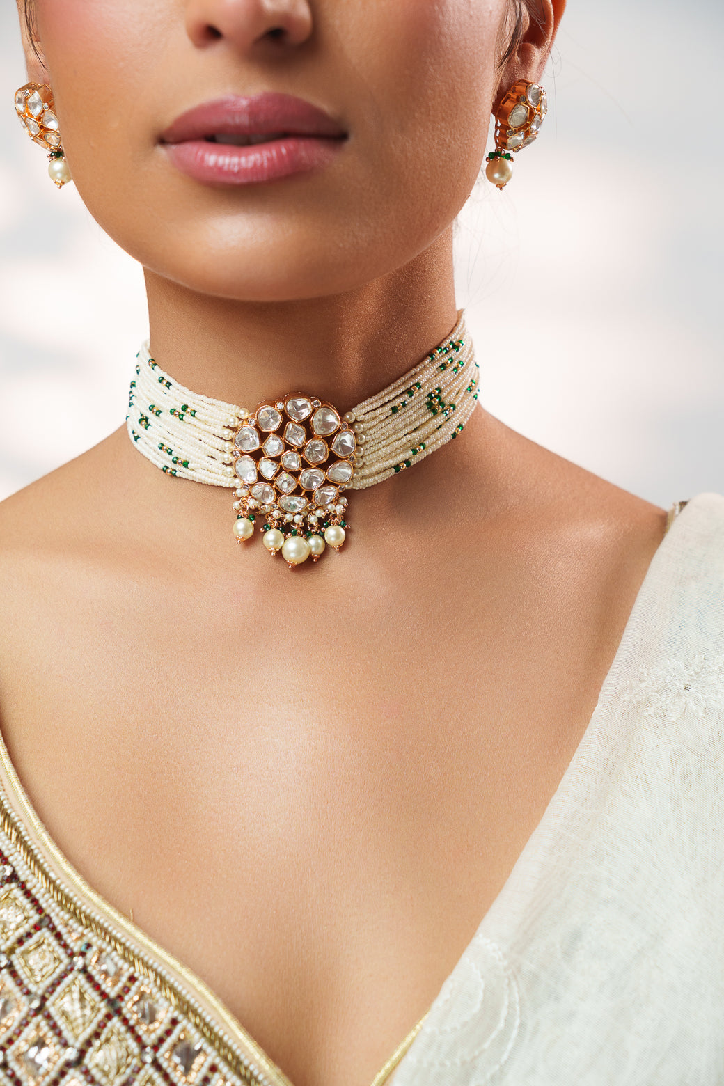 Vrishti Green Pearl Kundan Choker