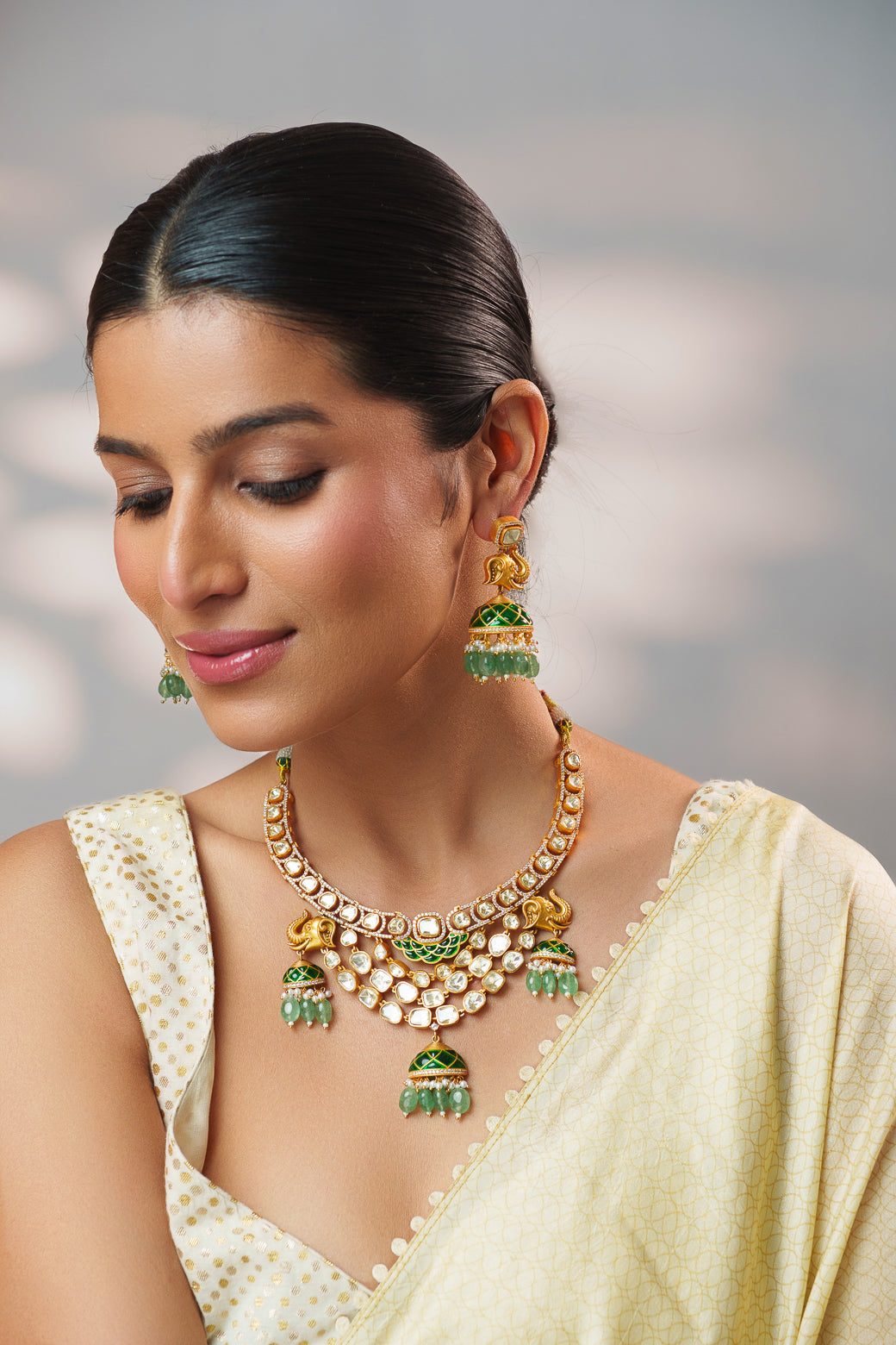 Ramisha Green Elephant Moissanite Necklace Set
