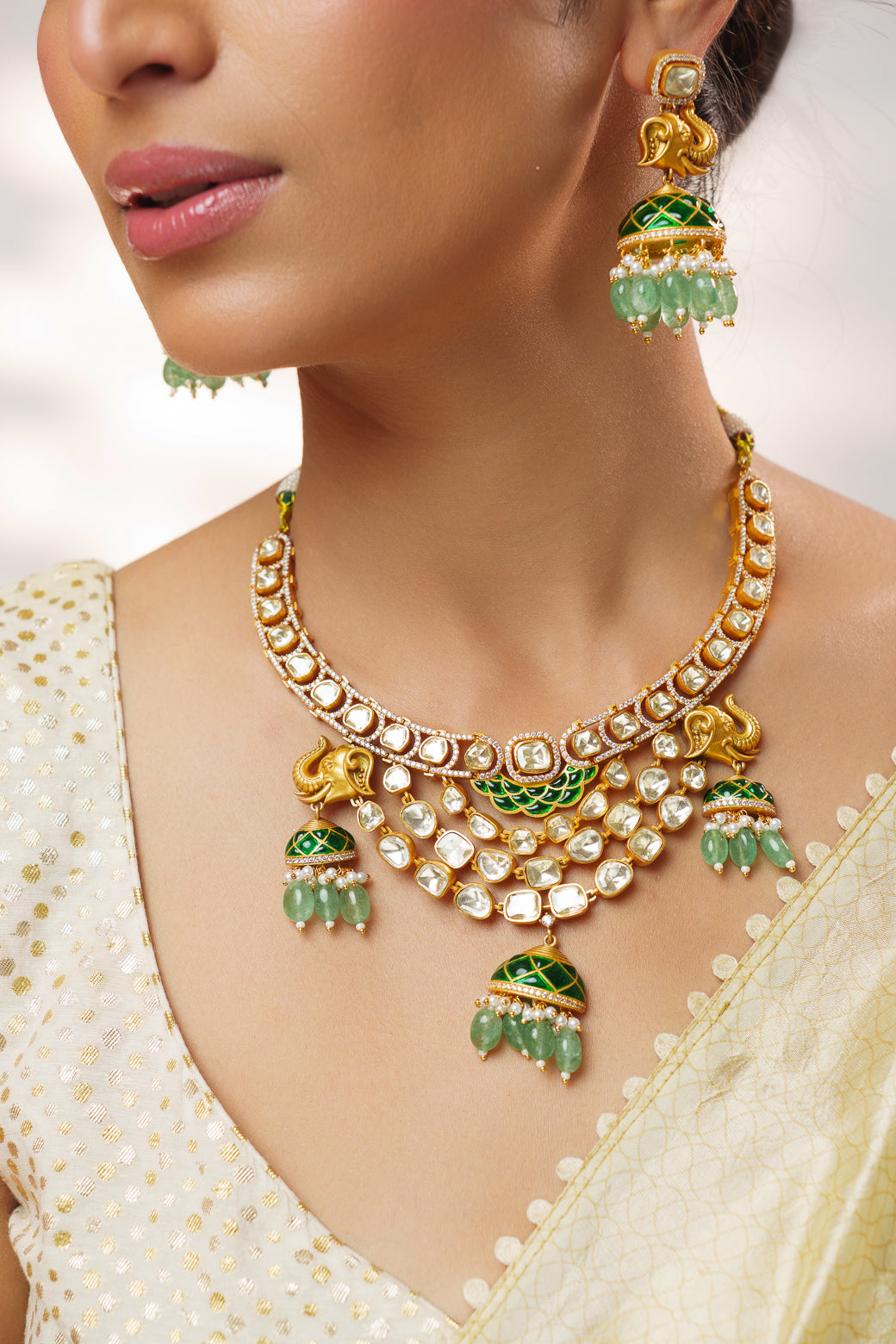Ramisha Green Elephant Moissanite Necklace Set