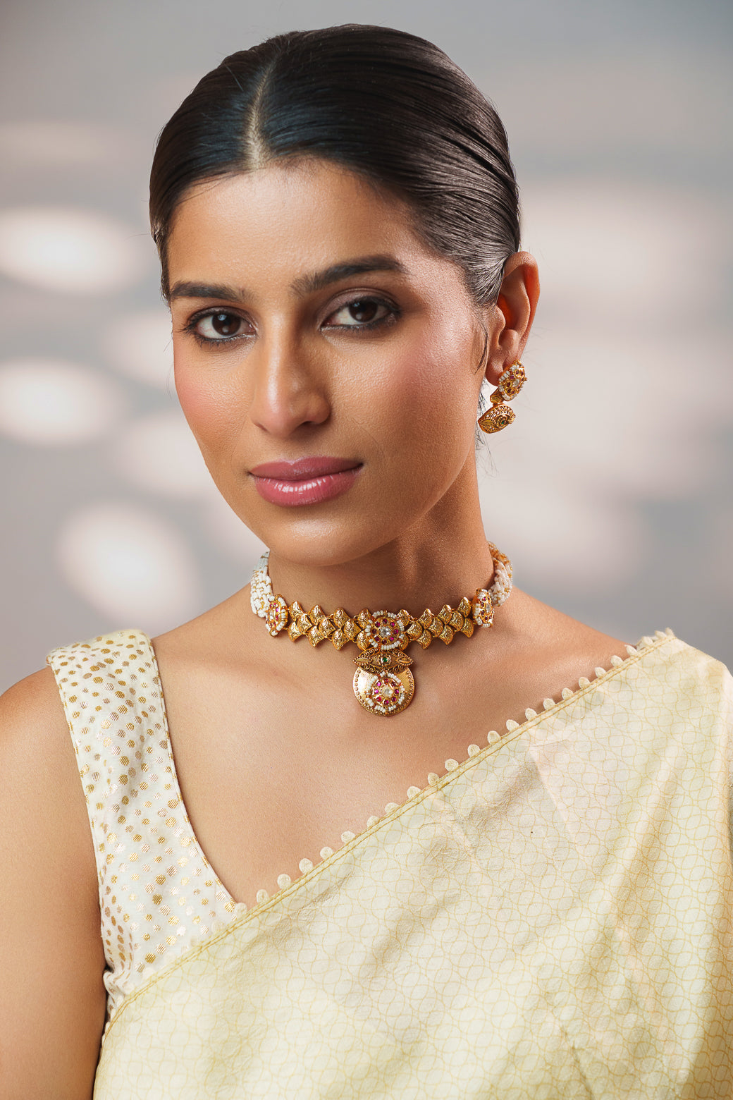 Avnika Gold Finish Temple Kundan Necklace Set