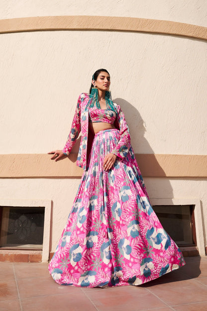 SHAKTI MOHAN IN FLORAL PRINT EMBROIDERED JACKET AND SPAGHETTI BRALET WITH GHAGHRA- EC-JG-EG24-22- PinkGreen