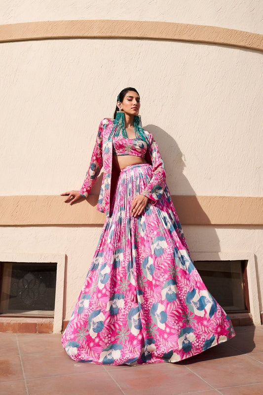 SHAKTI MOHAN IN FLORAL PRINT EMBROIDERED JACKET AND SPAGHETTI BRALET WITH GHAGHRA