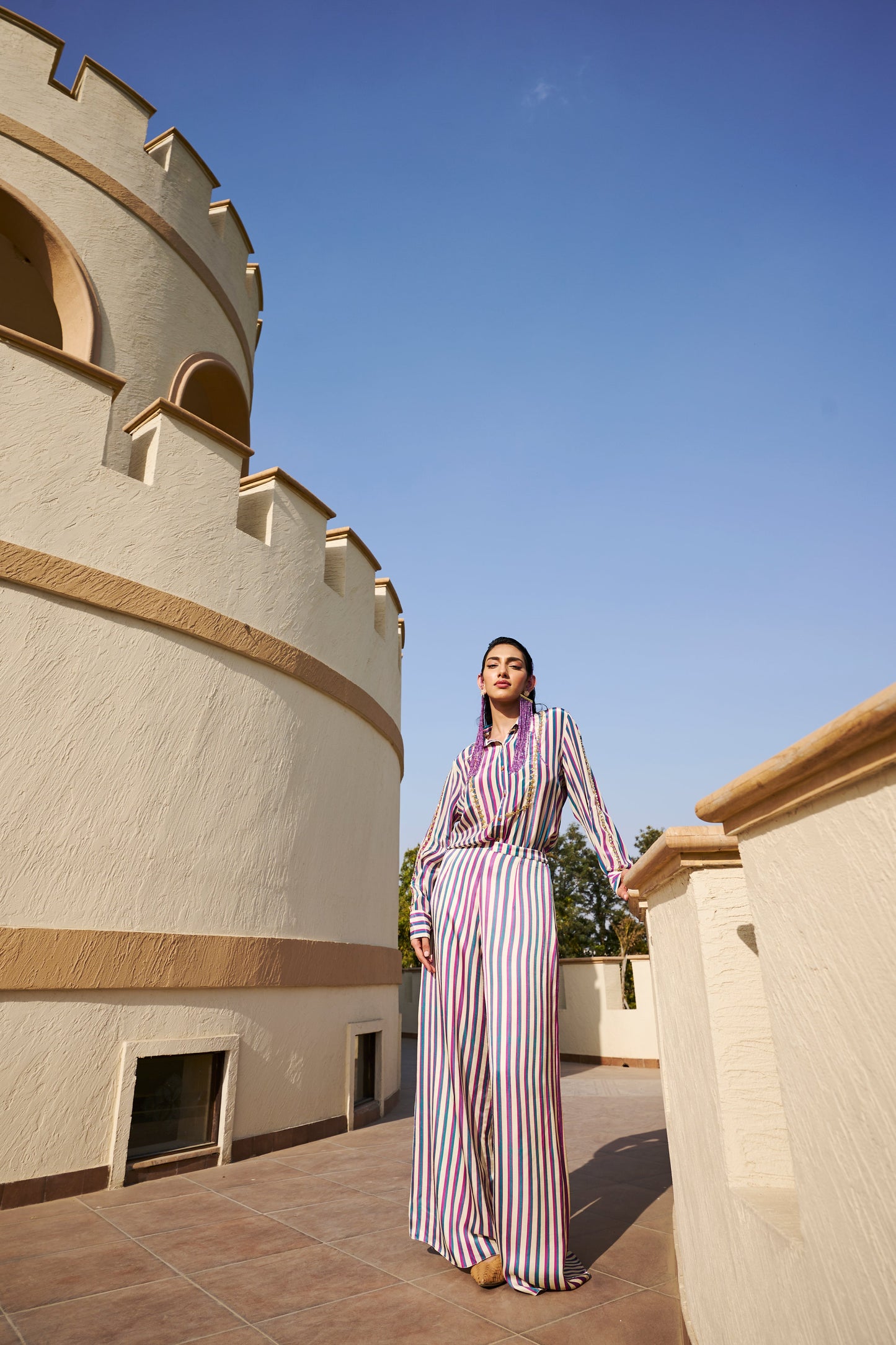 STRIPED PRINTED EMBROIDERED SHIRT WITH PALAZZO- EC-PZ-EG24-31- MultiColor