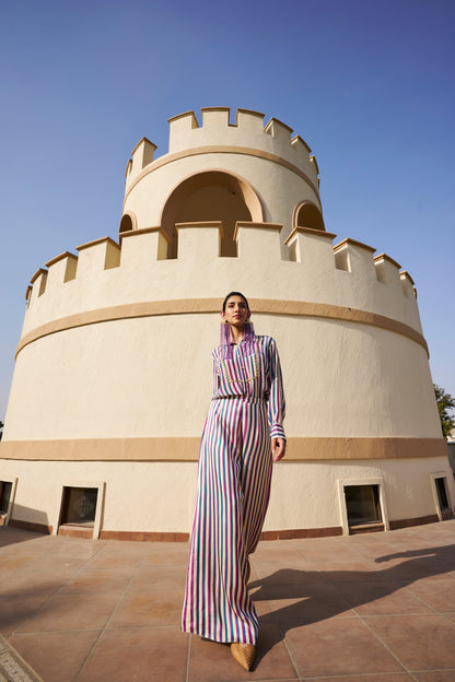 STRIPED PRINTED EMBROIDERED SHIRT WITH PALAZZO- EC-PZ-EG24-31- MultiColor