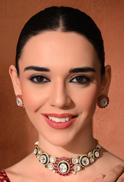 Gold plated ethnic  chokar set with earings