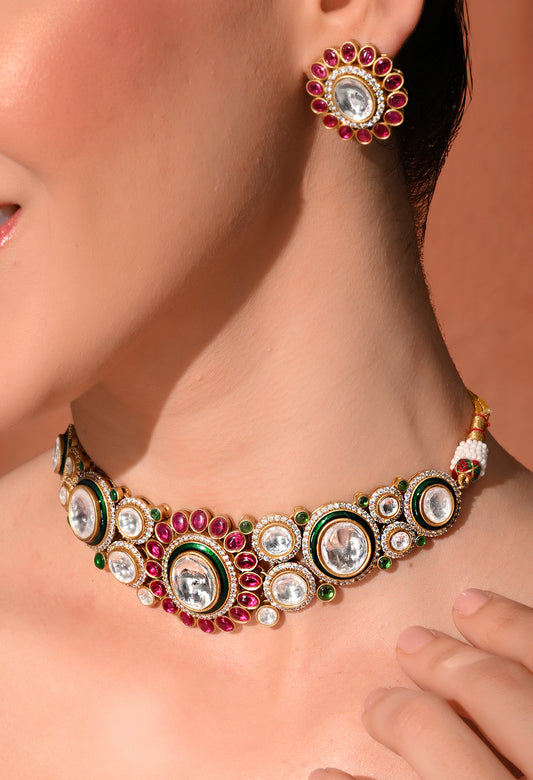 Gold plated ethnic  chokar set with earings