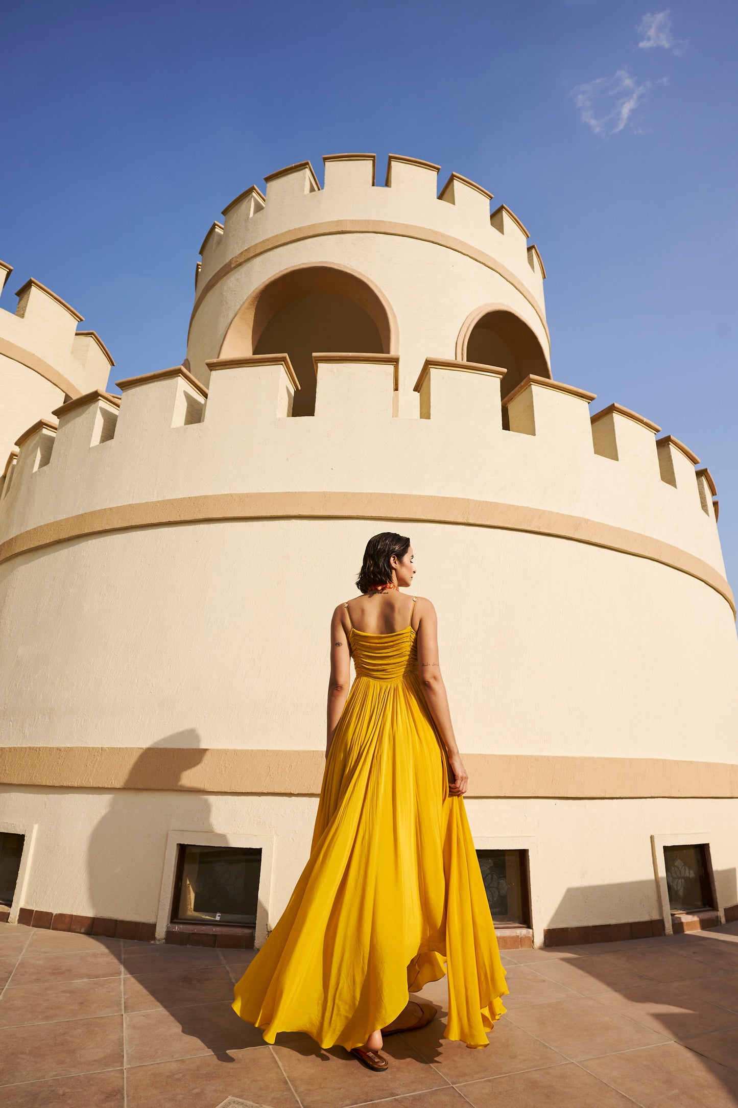 Line Embroidered Ruched Spaghetti Dress- EC-SD-EG24-26- Mustard