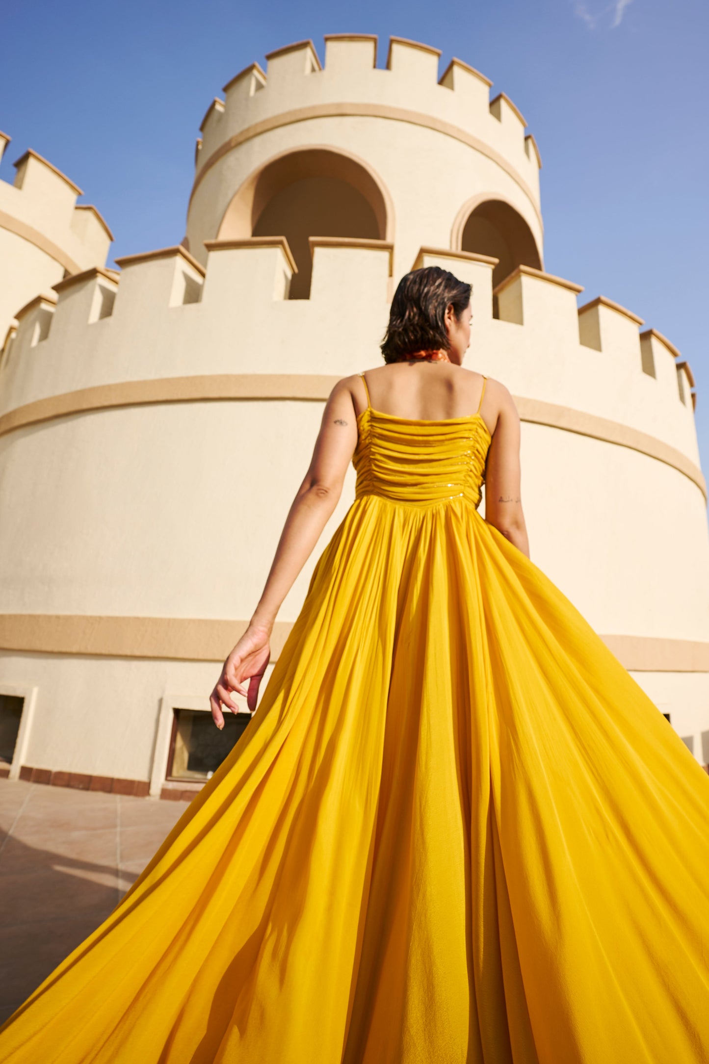 Line Embroidered Ruched Spaghetti Dress- EC-SD-EG24-26- Mustard