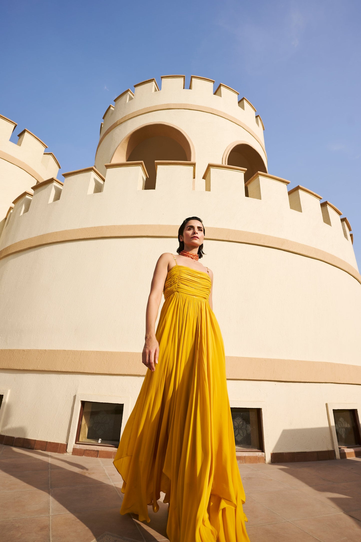 Line Embroidered Ruched Spaghetti Dress- EC-SD-EG24-26- Mustard