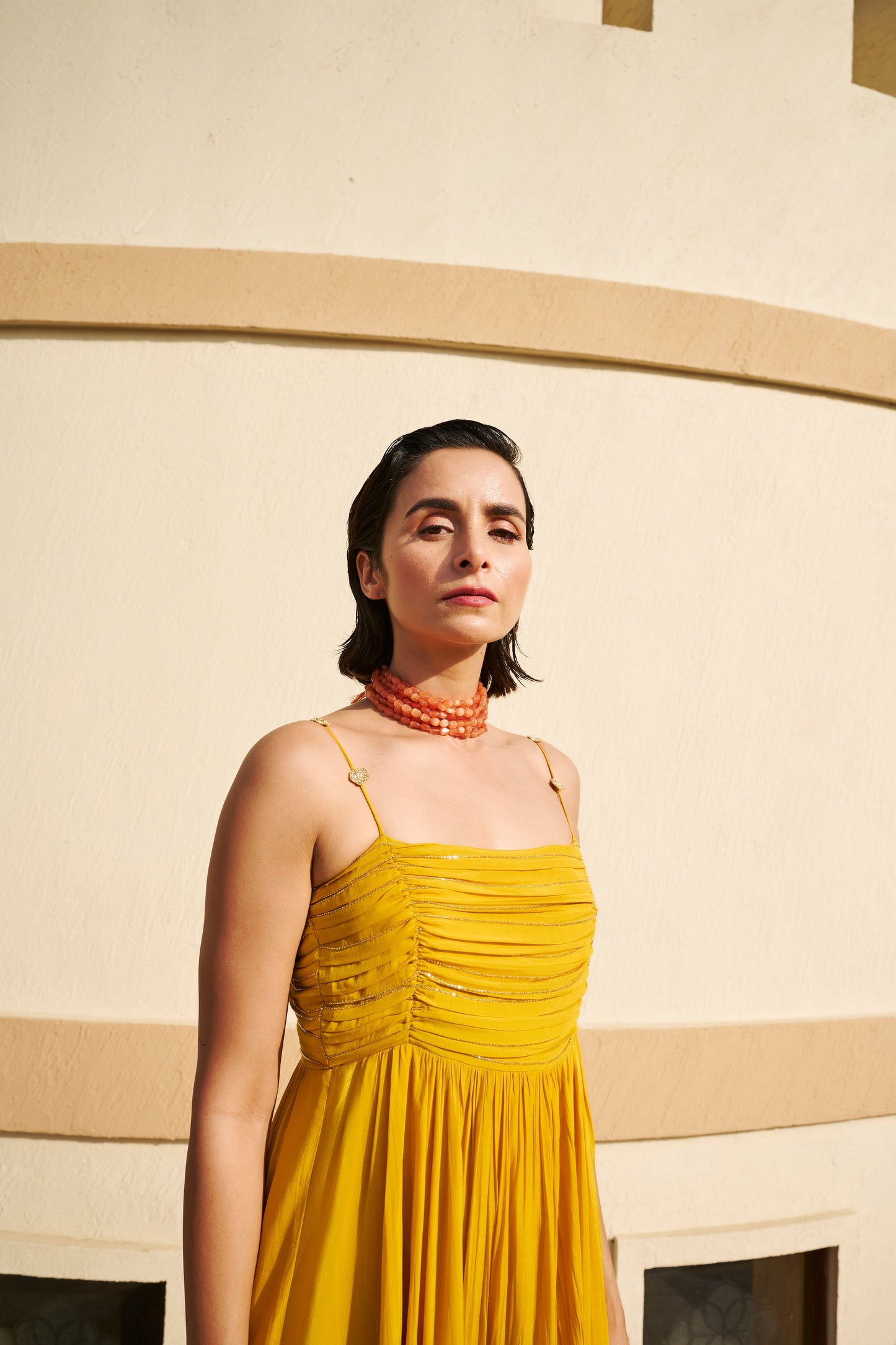Line Embroidered Ruched Spaghetti Dress- EC-SD-EG24-26- Mustard