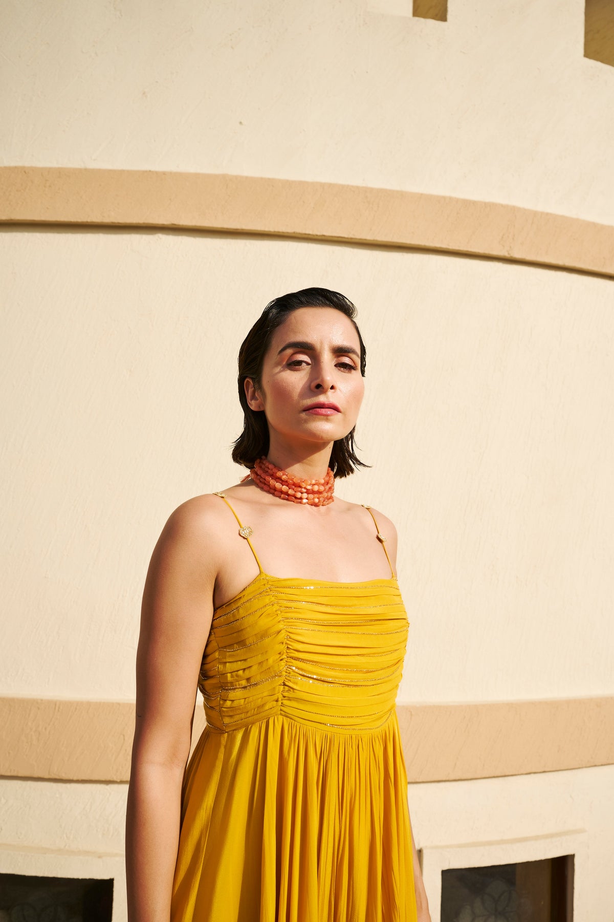 Line Embroidered Ruched Spaghetti Dress- EC-SD-EG24-26- Mustard