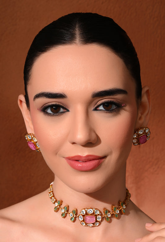 Gold plated ethnic  chokar set with earings