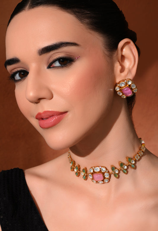 Gold plated ethnic  chokar set with earings