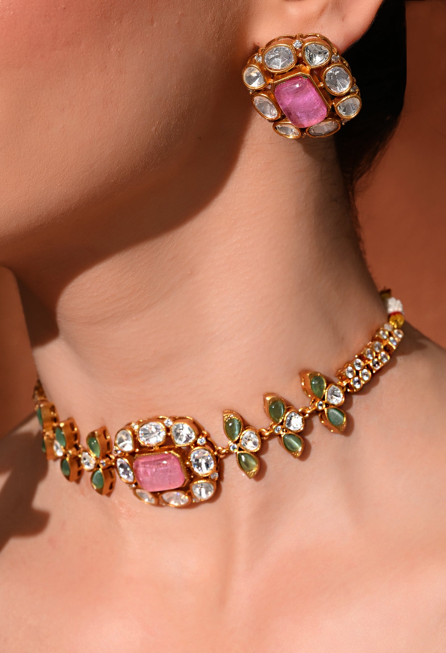 Gold plated ethnic  chokar set with earings