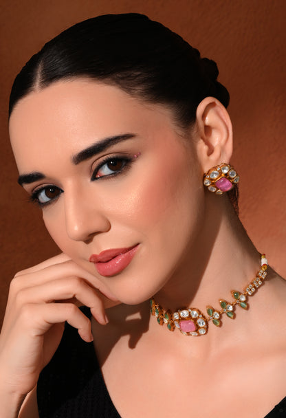 Gold plated ethnic  chokar set with earings