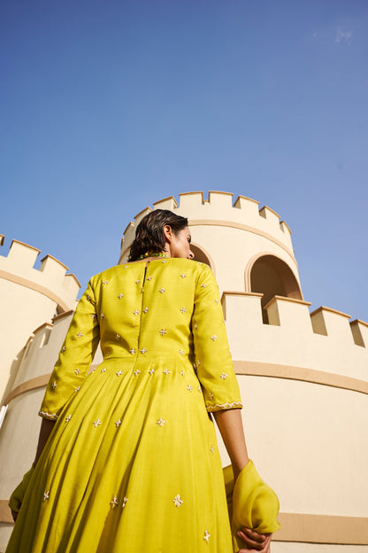 OVERLAP BUTI 12 KALI ANARKALI WITH PALAZZO AND DUPATTA- EC-AK-EG24-06- Lime