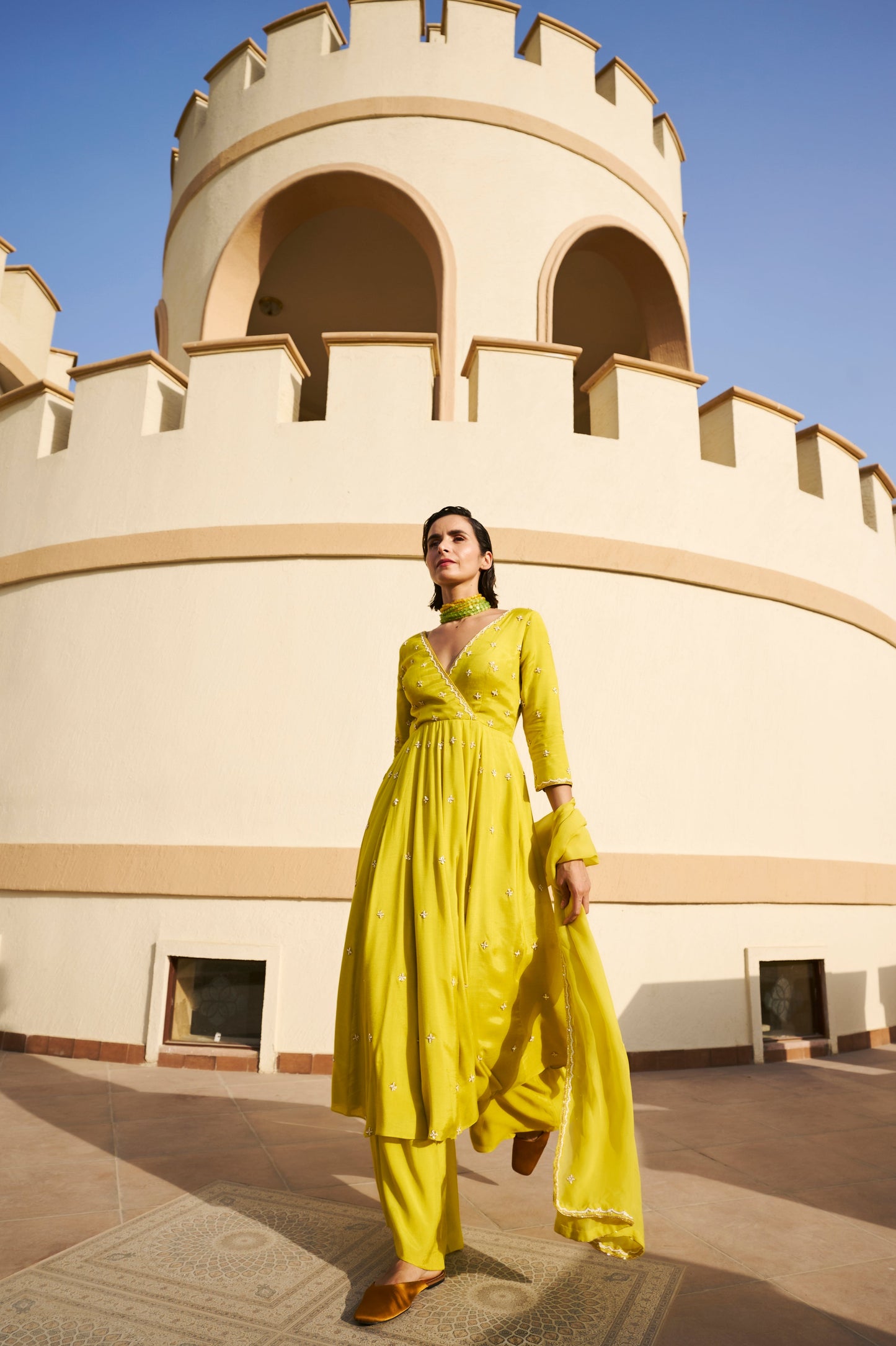 OVERLAP BUTI 12 KALI ANARKALI WITH PALAZZO AND DUPATTA- EC-AK-EG24-06- Lime