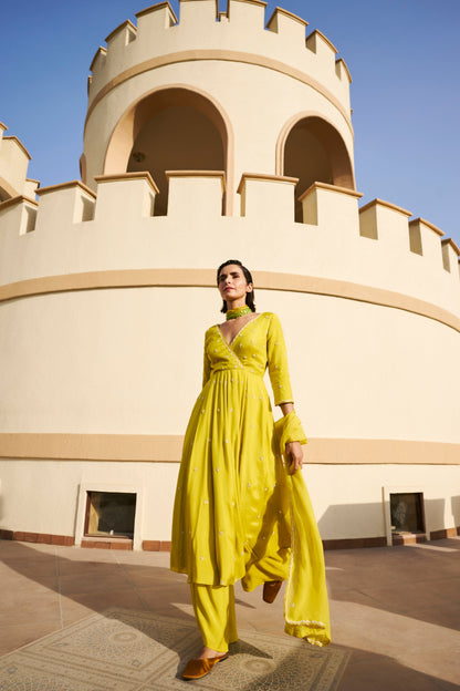 OVERLAP BUTI 12 KALI ANARKALI WITH PALAZZO AND DUPATTA- EC-AK-EG24-06- Lime
