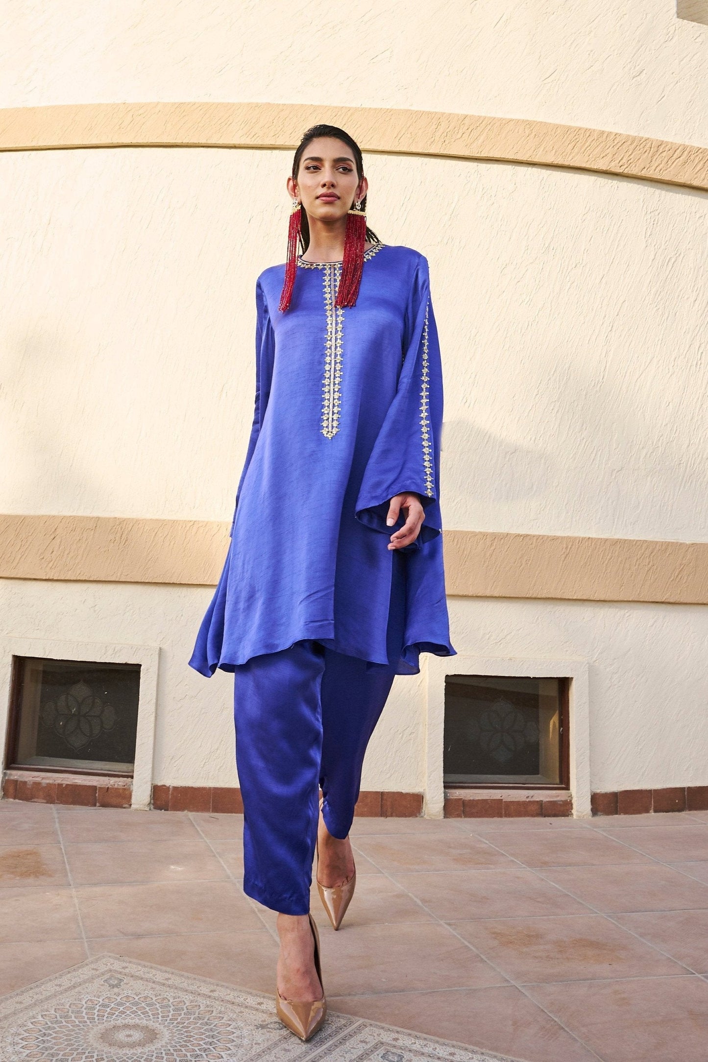 Teen Line Embroidered Bell Sleeve Kurta with Pant- EC-AK-EG24-09- Blue