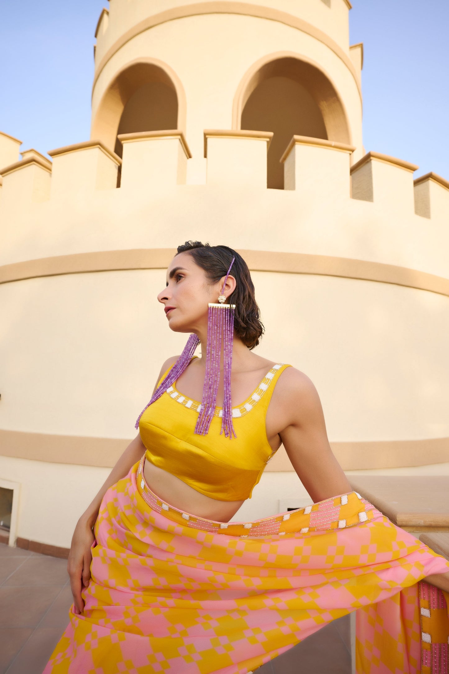 POP EMBROIDERED SAREE AND BLOUSE- EC-SA-EG24-32- YellowPop
