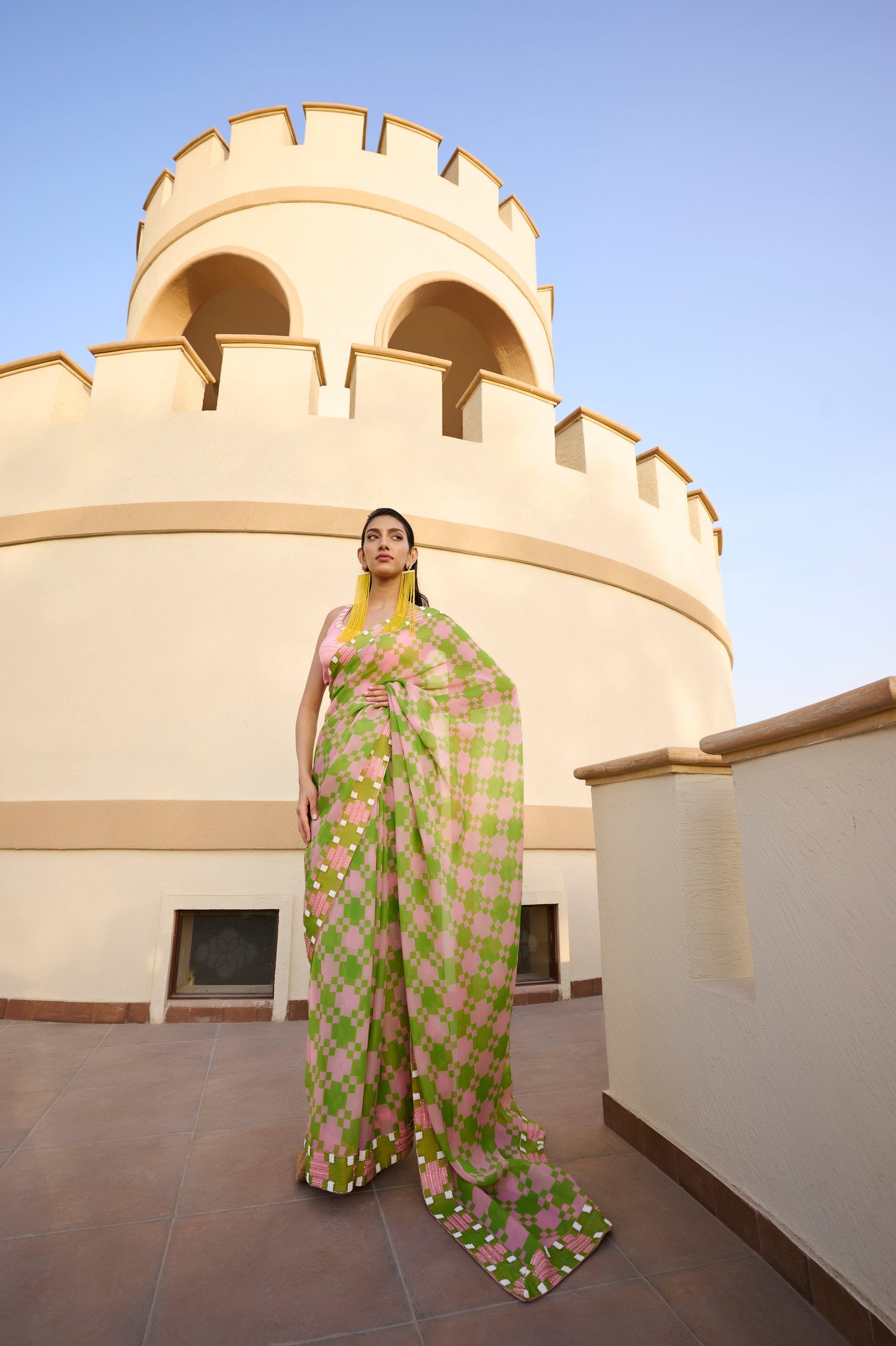 POP EMBROIDERED SAREE AND BLOUSE- EC-SA-EG24-17- LightPinkGreen