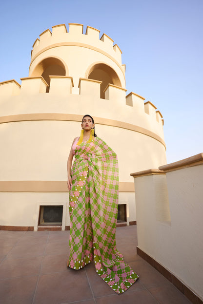 POP EMBROIDERED SAREE AND BLOUSE- EC-SA-EG24-17- LightPinkGreen