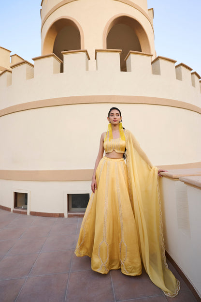 Kali Line Embroidered Lehenga with Blouse and Scallop Dupatta- EC-GC-EG24-27- Yellow