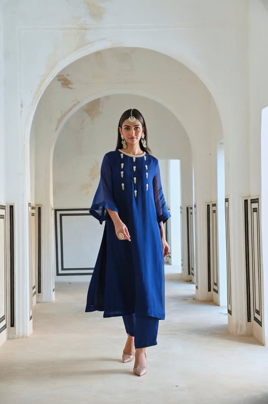 BELL SLEEVE YOKE FLORAL BUTTI EMBROIDERED KURTA WITH PANTS- EC-KP-RAHI25-01-RoyalBlue