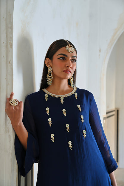 BELL SLEEVE YOKE FLORAL BUTTI EMBROIDERED KURTA WITH PANTS- EC-KP-RAHI25-01-RoyalBlue