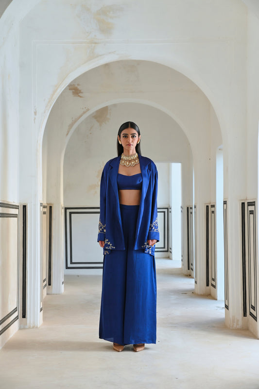 ROYAL BLUE LOOSE FITTED EMBROIDERED BLAZER WITH BRALET AND PALAZZO- EC-BJ-RAHI25-19- RoyalBlue