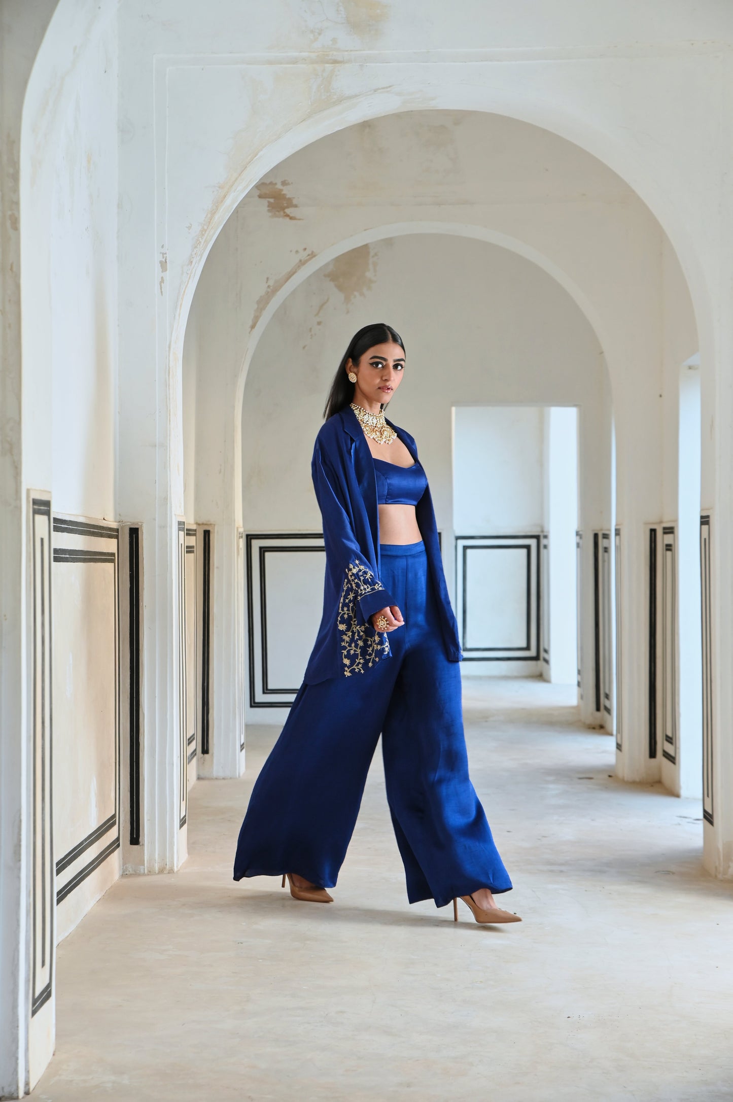 ROYAL BLUE LOOSE FITTED EMBROIDERED BLAZER WITH BRALET AND PALAZZO- EC-BJ-RAHI25-19- RoyalBlue