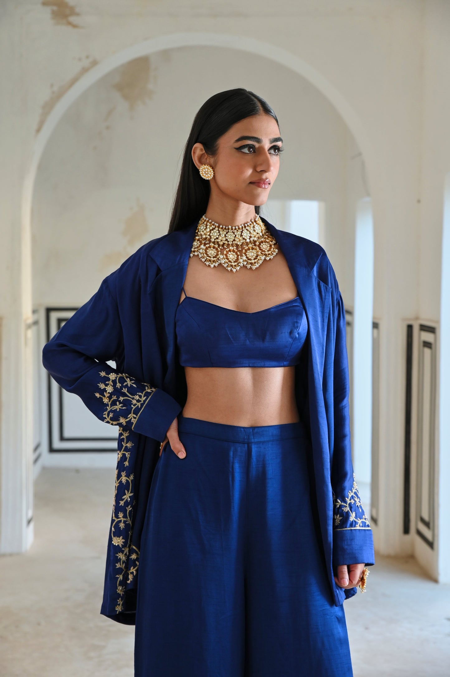 ROYAL BLUE LOOSE FITTED EMBROIDERED BLAZER WITH BRALET AND PALAZZO- EC-BJ-RAHI25-19- RoyalBlue