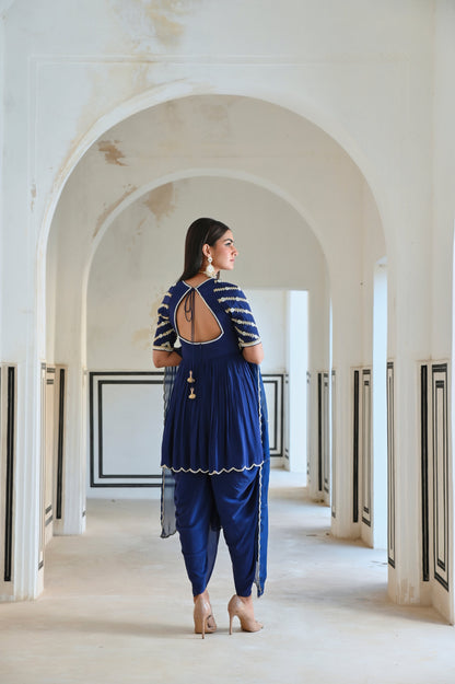 RAGLAN SLEEVE BUTTI EMBROIDERED PEPLUM WITH DHOTI AND DUPATTA- EC-DT-RAHI25-10- RoyalBlue