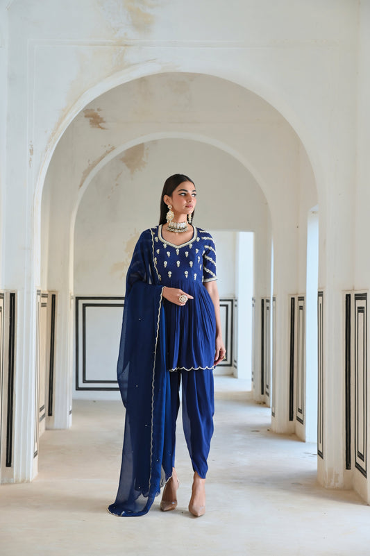 RAGLAN SLEEVE BUTTI EMBROIDERED PEPLUM WITH DHOTI AND DUPATTA- EC-DT-RAHI25-10- RoyalBlue