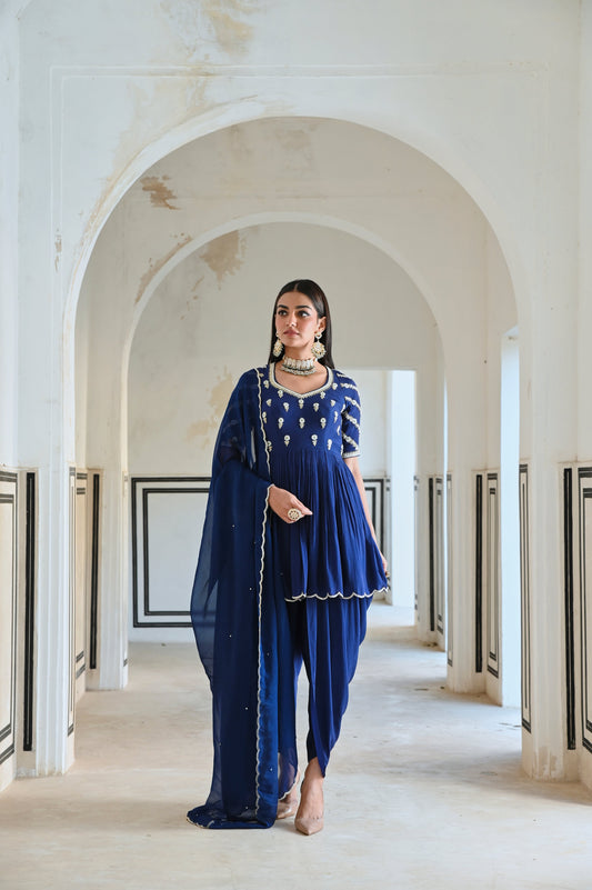 RAGLAN SLEEVE BUTTI EMBROIDERED PEPLUM WITH DHOTI AND DUPATTA- EC-DT-RAHI25-10- RoyalBlue