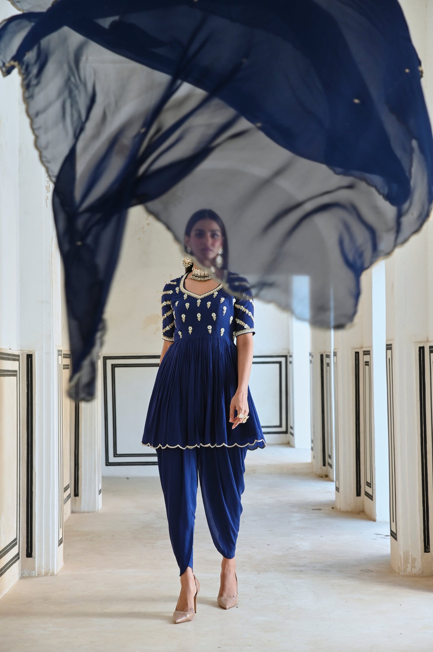RAGLAN SLEEVE BUTTI EMBROIDERED PEPLUM WITH DHOTI AND DUPATTA- EC-DT-RAHI25-10- RoyalBlue