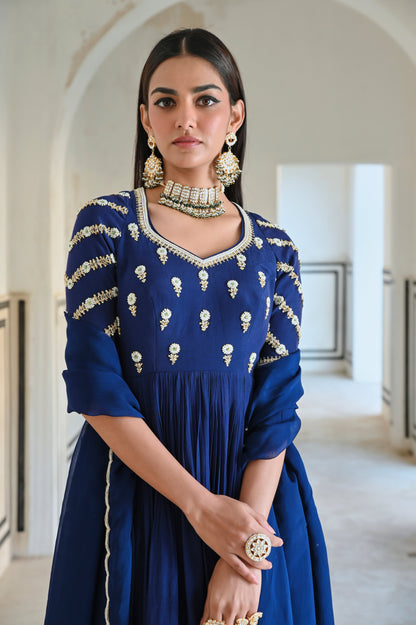 RAGLAN SLEEVE BUTTI EMBROIDERED PEPLUM WITH DHOTI AND DUPATTA- EC-DT-RAHI25-10- RoyalBlue