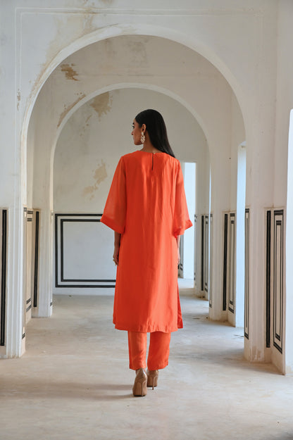 BELL SLEEVE YOKE FLORAL BUTTI EMBROIDERED KURTA WITH PANT- EC-KP-RAHI25-01- Orange