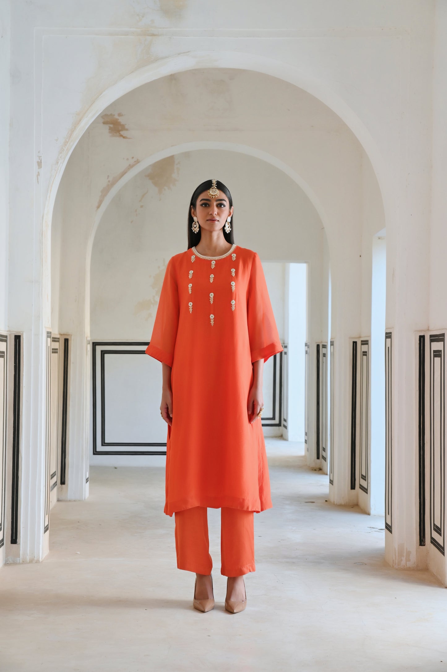 BELL SLEEVE YOKE FLORAL BUTTI EMBROIDERED KURTA WITH PANT- EC-KP-RAHI25-01- Orange