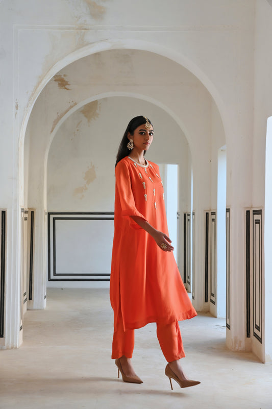 BELL SLEEVE YOKE FLORAL BUTTI EMBROIDERED KURTA WITH PANT- EC-KP-RAHI25-01- Orange