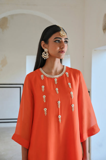 BELL SLEEVE YOKE FLORAL BUTTI EMBROIDERED KURTA WITH PANT- EC-KP-RAHI25-01- Orange