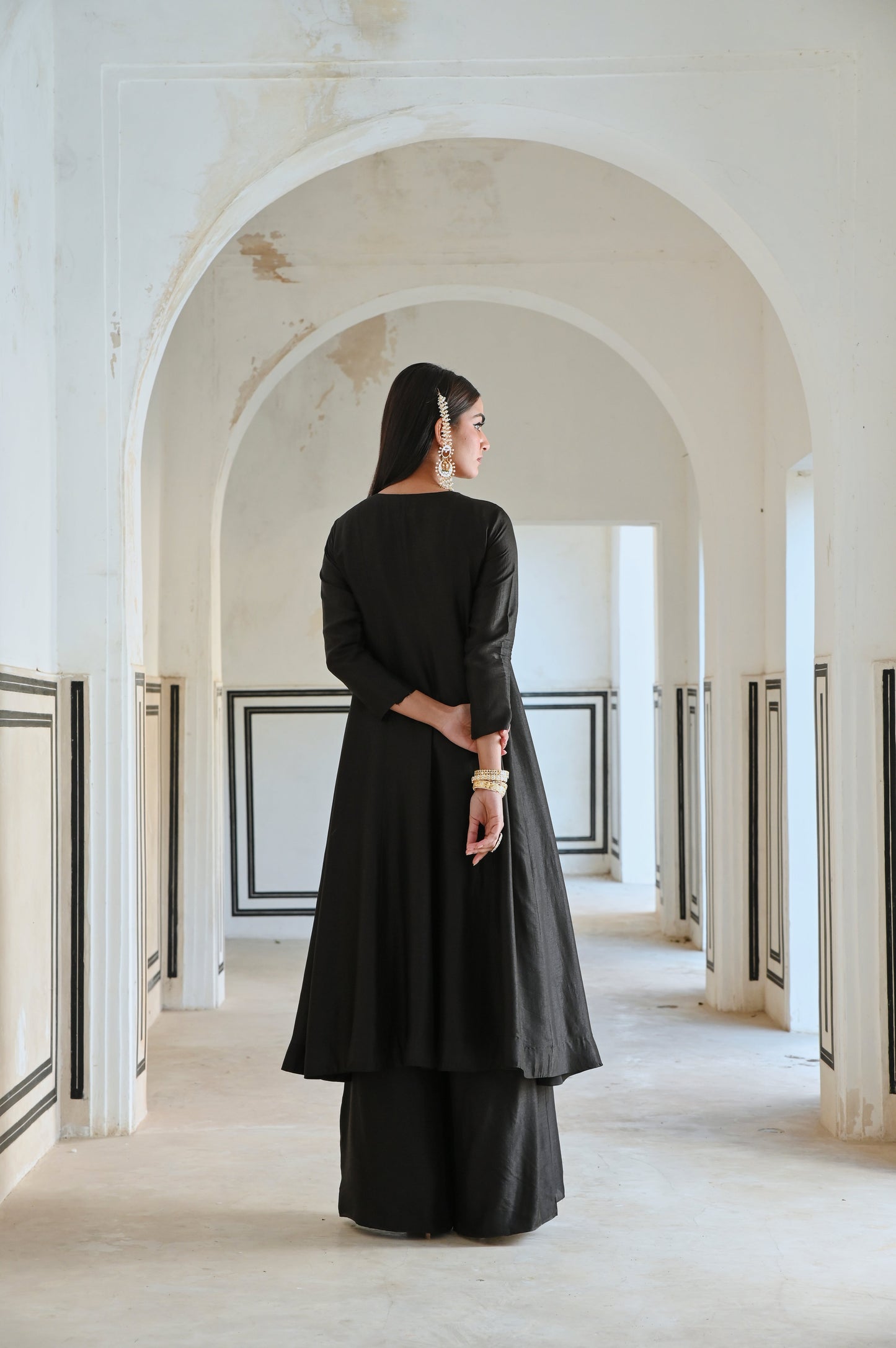 NECKLINE EMBROIDERED FULL KALI ANARKALI AND  PALAZZO- EC-AK-RAHI25-02- Black