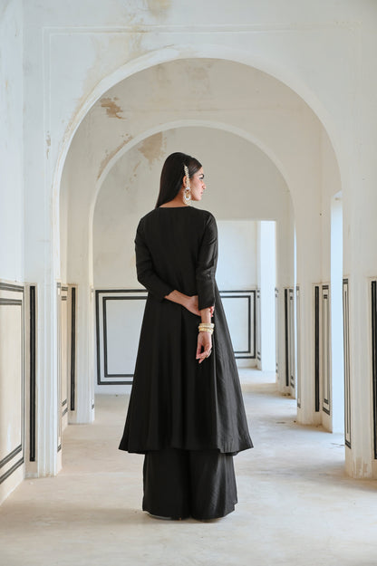 NECKLINE EMBROIDERED FULL KALI ANARKALI AND  PALAZZO- EC-AK-RAHI25-02- Black