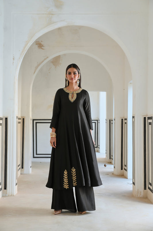 NECKLINE EMBROIDERED FULL KALI ANARKALI AND  PALAZZO- EC-AK-RAHI25-02- Black