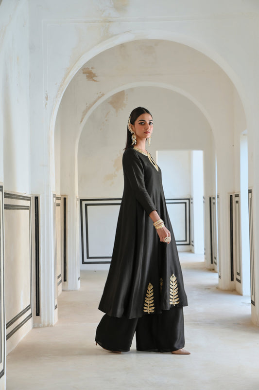 NECKLINE EMBROIDERED FULL KALI ANARKALI AND  PALAZZO- EC-AK-RAHI25-02- Black