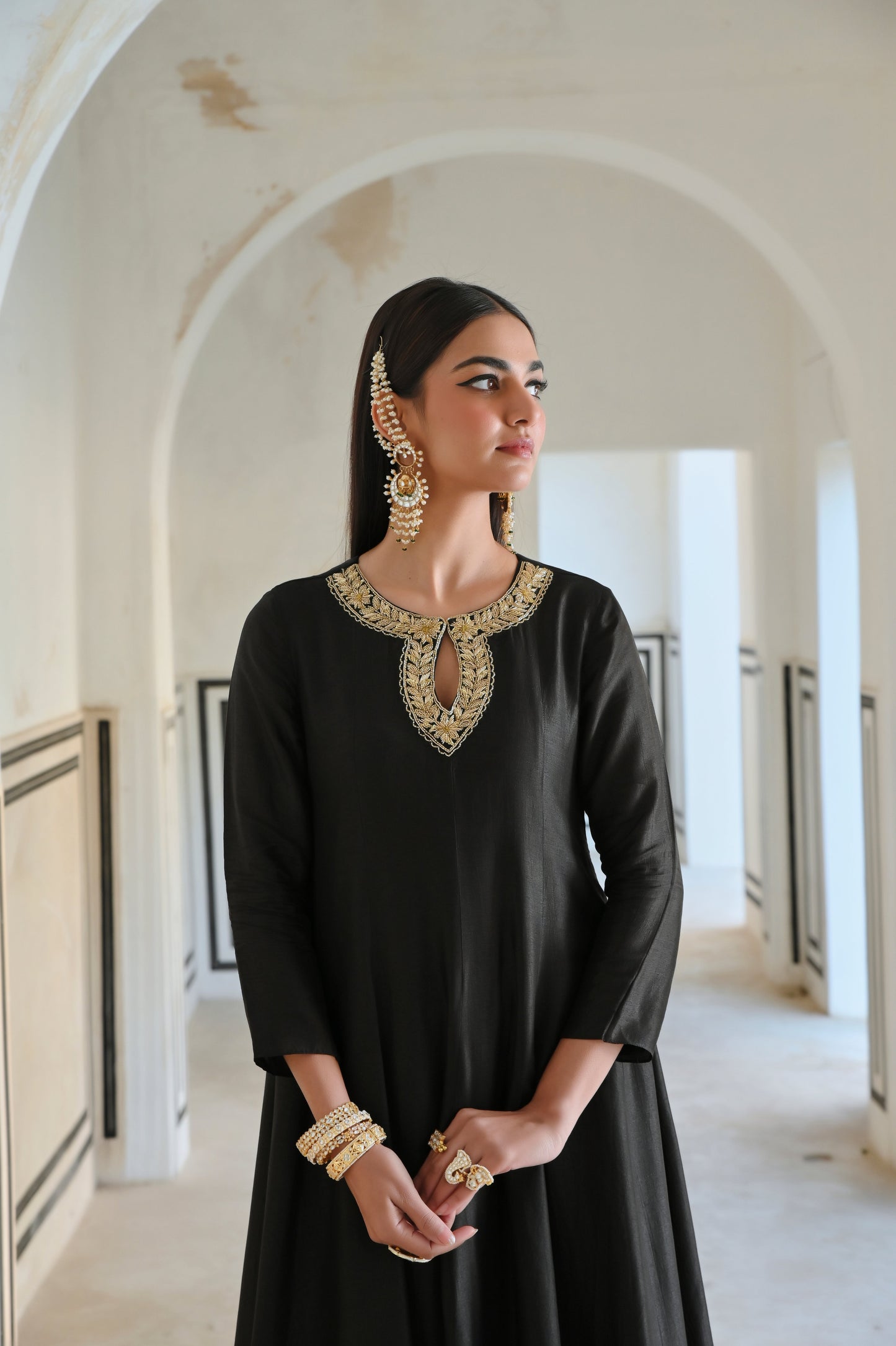 NECKLINE EMBROIDERED FULL KALI ANARKALI AND  PALAZZO- EC-AK-RAHI25-02- Black
