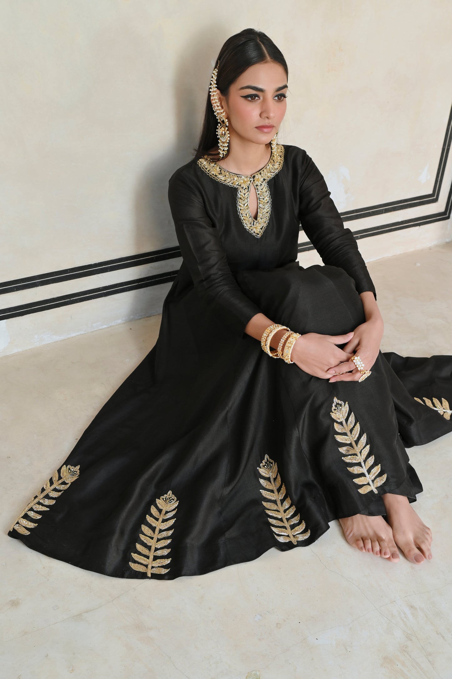NECKLINE EMBROIDERED FULL KALI ANARKALI AND  PALAZZO- EC-AK-RAHI25-02- Black