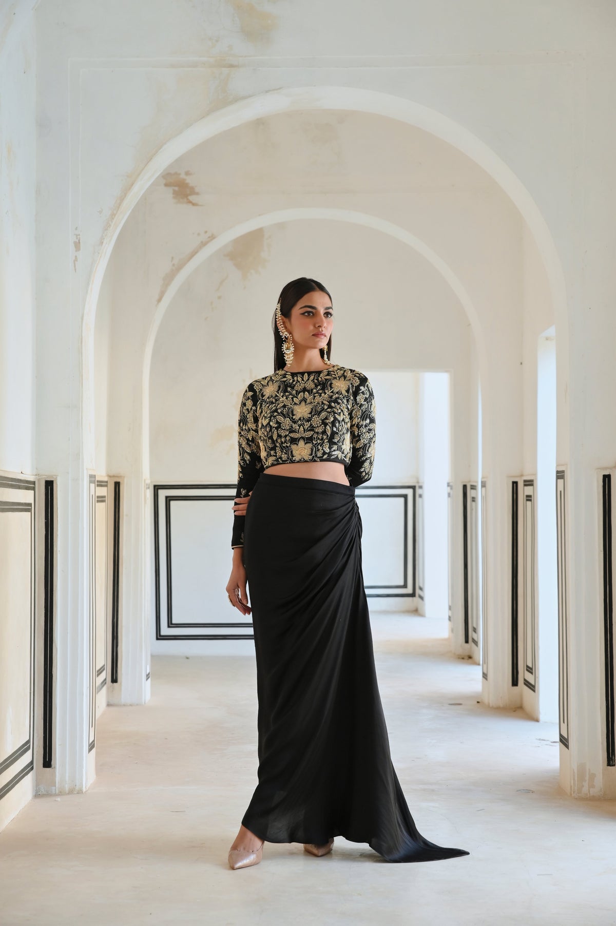 FULL SLEEVE BIG FLOWER JAAL EMBROIDERED CROP TOP WITH COWL SKIRT- EC-CS-RAHI25-17- Black